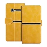 ESACMOT Leder Wallet Case Kompatibel mit Alcatel One Touch POP C5 Horizontal Streifen Flip Cover Schutzhülle mit Kartenfach Magnetverschluss (Gold)