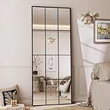 Koonmi 60x165 cm Fensterscheibe Ganzkörperspiegel - rechteckige Raster-Designed Dekorative Vollkörper Wandspiegel mit Metallrahmen hängend Schrägung für den Eingang, Wohnzimmer Dekoration, Schwarz