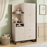 KecDuey Kompaktgarderoben 110x186x38 cm,Garderobenschränke,Flurgarderobe,Dielenschrank Wandschrank Regal Diele & Flur Kleiderschrank mit gepolsterten Paneelen Schuhschrank (Beige)