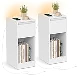 VASAGLE Nachttisch 2er Set, schmal, Beistelltisch, LED-Beleuchtung, 1 USB-A-Anschluss, 1 USB-C-Anschluss, Schublade, offenes Fach, für Schlafzimmer, Wohnzimmer, wolkenweiß LET710W01