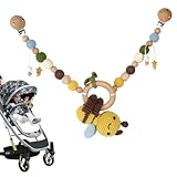 KBIBCK Kinderwagenkette Holz Baby, Kinderwagen Kette für Babys, Kinderwagenkette Mädchen, Spielkette für Kinderwagen, Kinderwagenkette aus Holz und Baumwolle Gehäkelt für Babys ab 0+ Monaten (Biene)