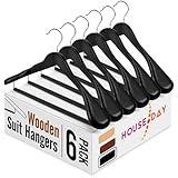 HOUSE DAY 6 Stück Anzugbügel Holz - Kleiderbügel mit Extra Breiten Schultern,rutschfest Anzugbügel,360°Drehbarer Haken Jackenbügel mit Runde Stange,für Hemden/Mäntel/Jacken/Hosen/Anzüge（Schwarz）