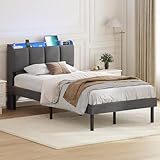 AOGLLATI Polsterbett 90 x 200 cm, Bettrahmen mit LED-Beleuchtung und Ladestation, Bettgestell mit Lattenrost, Jugendbett mit Kopfteil aus Leinenstoff, Dunkelgrau (90x200 cm)