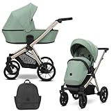 Kunert BRAV 2-in-1-Kinderwagen mit Sportsitz, wendbar, Champagner-Rahmen aus leichtem Aluminium, Komfort, Design, Regenschutz, Moskitonetz, Flaschenhalter, Korb, Rucksack – Minze
