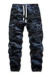 APTRO Herren Cargo Hose Camouflage Freizeithose Elastische Taille Arbeitshose Lange Baumwolle Jogginghose mit 8 Tachen LT45 Blaue Tarnfarbe XL