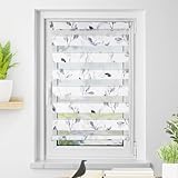 Deswell Doppelrollo Klemmfix ohne Bohren Weiß-blätter B70 x H120 cm (Stoffbreite 66cm) Doppelrollo mit Muster, Duo Rollos für Fenster ohne Bohren Rollos mit Motiv, Seitenzugrollo Lichtdurchlässig