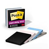 Post-it Super Haftnotizen, 5 Notizblöcke, 7,6 x 7,6 cm, 2 x Haftkraft, Schulbedarf und Büroprodukte, Haftnotizen für vertikale Oberflächen, Monitore, Wände und Fenster, einfach ruhig