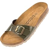 Palado Pantoletten Damen Malta Lack – gefertigt in Spanien – Glänzendes Obermaterial – EVA-Sohle – Veloursleder-Decksohle – Weichfußbett Khaki UK6 - EU39