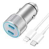 LUOSIKE 40W 2-Port Zigarettenanzünder USB C Ladegerät mit 1m USB Typ C zu Lightning Kabel, 12V/24V USB C Adapter und Ladekabel, Autoladegerät Kompatibel mit iPhone 14/13/12/11/Pro/Max/Plus/mini/SE