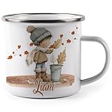 miKalino Emaille Tasse Kind mit Blättern personalisiert mit Namen Kinder Becher mit Motiv – Emaille Becher für Jungen & Mädchen – Camping Tasse leicht & robust Geschenkidee Kindertasse (7526)-300ml /
