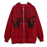 TDEOK übergroße Frauen Kapuziner-Sweatshirts Reißverschluss Langarmquartier Street Baggy Jacke Langarmshirt Damen (Red, M)