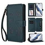 TUUNKMUY Handyhülle für iPhone 13 Pro, Prägung Schmetterling Reißverschluss Wallet Book Case Hülle Premium PU Leder Schutzhülle Klapphülle Magnetverschluss Kartenfach Standfunktion Grün