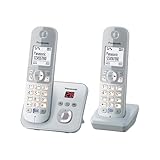 Panasonic KX-TG6822GS DECT Schnurlostelefon mit Anrufbeantworter (strahlungsarm, Eco-Modus, GAP Telefon, Festnetz, Anrufsperre, DUO) perl-silber