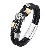 Generisch Armband Leder Herren, Doppellagiges Leder Wickelarmband Für Männer, Handgefertigtes Manschettenarmband Mit Totenkopf Anhänger, Punkrock Halloween Schmuck Für Freund Und Ehemann, Golden