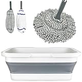 Kickleen Selbstauswringender Wischmopp mit Eimer, einfach zu drückender Drehmopp mit 132,5 cm langem Griff, strapazierfähig für Hartholz-, Fliesen-, Vinyl- und Laminatböden (grau + weiß)