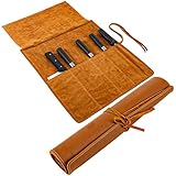 Echtes Leder Messertasche,Messertasche Kochmesser,Tragbare Messer Rolltasche mit 5 Fächern,Koch Messer Tasche,Messerrolle für Camping Wandern,Knife Roll Bag Geschenke für Männer Frauen. (Braun)