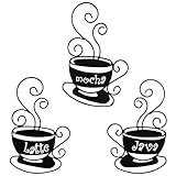 3 Stück Kaffee Deko Wand,Metall Kaffee Tassens Wanddekor mit Elegant Schriftzug Mocha Latte Java,Kaffee Schild Skulpturen für Küche Safttee Bar Kaffeeecke Esszimmer Café Dekoration,Schwarz, 14 x 22cm