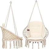 VITA5 Makramee Hängesessel Indoor - Bequemer Boho Hängestuhl für Garten & Balkon - Hängeschaukel mit weichem Kissen - Hänge Sessel Outdoor mit Wetterfeste Abdeckung (Beige)