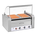 Royal Catering - Hot Dog Grill Hot Dog Maschine (9 Rollen, Edelstahl, 2.200 W, 2 Heizzonen, herausnehmbare Fettauffangschublade, Wärmeschublade, 16 Würstchen, mit Hartglasabdeckung)