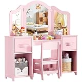MAMIZO 2 in 1 Schminktisch Kinder Set, Kinderschminktisch mit Abnehmbarem Spiegel, Schminktisch für Mädchen, Schreibtisch mit Hocker, 2PCS Stoffschubladen, Prinzessin Frisiertisch Holz, Rosa