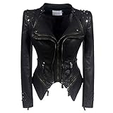 DISSA Damen Schwarz Lederjacke Kunstleder Bikerjacke mit Reißverschluss,P603,L