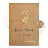 Karte zur Hochzeit aus Kraftkarton mit goldener Heißfolienprägung - Hand in Hand - Inkl. Briefumschlag und Wachssiegel