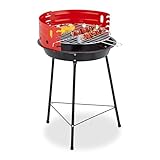 Relaxdays Holzkohlegrill, Ø 37 cm, Dreibein, Picknickgrill Garten & Park, Griller mit Windschutz, Rundgrill, schwarz/rot