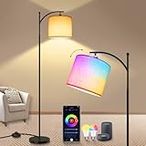 KingMile 1Pack Stehlampe Wohnzimmer,WiFi RGBCW LED Stehlampe Dimmbar mit Alexa und Google Home,9W Modern Schlafzimmer Leselampe 3 Farbtemperaturen Leinen Lampenschirm&Fu?schalter f¨¹r Wohnzimmer,156CM