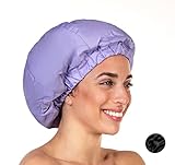 Premium Duschhaube für Frauen mit langem Haar. Wiederverwendbar, 100% wasserdicht, doppelseitig, ideal für Locken mit Satin-Seiden-Anti-Frizz-Tuch. Lila Duschhauben für Frauen