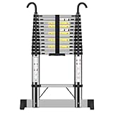 Teleskopleiter 3,8m, Handliche Leiter mit Haken und Stabilisatoren, Höhenverstellbar, für die Tägliche Pflege, Garten, Wohnwagen usw.