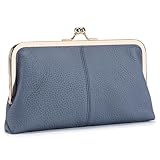 Karoukee Weiches Echtleder Geldbörse für Frauen, Vintage Style Damen Handy Geldbeutel, Elegantes Portemonnaie mit 8 Kartenfächern, Goldener Kuss-Schloss-Verschluss, Blau