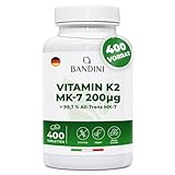 Bandini® Vitamin K2 MK-7 200µg (mcg) VEGAN | 400 Mikrotabletten | K2 rein natürliches Menachinon 7 | All-trans Gehalt 99,7% Vitamin K 2 | Blut- und Knochengerinnung | 1 Tablette/Tag für 1 Jahr