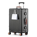 yuweijie Koffer groß, Koffer & Trolleys - Robuster Alu-Rahmen Suitcase für Reisen, 4 Rollen, TSA Schloss, Schwarz mit braunem Ledergriff, XL-75cm