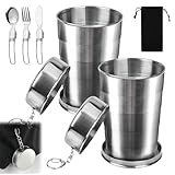 PORFOYO Edelstahl Faltbecher 450ml, 2 Stück Becher Faltbar Edelstahl Mit Klapplöffel, Outdoor Tragbar Teleskop Klappbeche, Camping Becher Faltbar