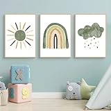 Herfair 3er Set Bilder Kinderzimmer Grün Regenbogen Wolken Wandbilder Boho Deko Poster Babyzimmer Ohne Rahmen für Jungen Mädchen Schlafzimmer Wanddeko (30x40cm)