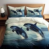 Generisch Bettbezug Ozean Tierdruck Wal Bedrucktes 3-teiliges Bettwäsche-Set 155 x 200 cm, Bettbezug mit Reissverschluss, für Kinder und Erwachsene Hellgrau Bequem und Atmungsaktiv Bettbezüge