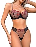 NewBull Sexy Strapsen Dessous-Sets für Damen Transparent Tüll Unterwäsche Frauen Sexy Set Floral Sticken Push Up BH mit Bügel + Durchsichtige Mesh Tanga Rose Lace Negligee Outfit (Schwarz, XL)