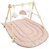 Cottonbebe 4 IN 1 Spielbogen Baby, Spielmatte Babies mit Natur Holz Activity Spielbogen, 3 abnehmbaren Spielzeugen zum Greifen, für ab 0-3-6-12-36 Monaten (Braun-Regenbogen)