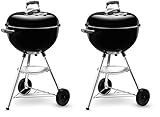 Weber Bar-B-Kettle Holzkohlegrill, Ø 47cm Grillfläche,BBQ Grill mit porzellanemaillierten Deckel & Kessel, Dreibein-Ständer & Räder, verchromter Grillrost- Schwarz (1231004) (Packung mit 2)