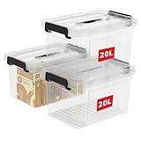 Cetomo 20L*3 Aufbewahrungsboxen, Tragbare Plastikboxen mit Deckeln, Organizer-Behälter mit Griff und Clips, Stapelbar, Ineinander Nestbar, für Zuhause und Büro, Transparent, 20L-3er Pack