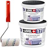 Level Plus 17 Fliesengrund 11 kg Fliese auf Fliese Spezial Haftgrund Fliesengrundierung Quarzgrund für Innen Außen, Haftvermittler Frostbeständig und wasserabweisend Plus Farbroller mit Bügel 10cm Set