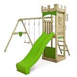 FATMOOSE Spielturm Ritterburg TreasureTower Top XXL mit Schaukel & apfelgrüner Rutsche, Outdoor Kinder Kletterturm mit Sandkasten Leiter & Spiel-Zubehör für den Garten