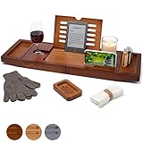 TEMPLE SPRING - Badewannenablage Bambus mit Kerzen-, Weinglas-, Buch-, Tablet-, iPad- und Telefonhalter. Badewannentablett ausziehbar, Badewannenablage Holz, Bathtub Tray 100% Bambus (Braun)