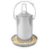 Sterico Futterautomat für Hühner und Geflügel | 304er Edelstahl | Rostfrei | BPA-frei | Frei von gefährlichen Kanten | Aufhängbar und Aufstellbar | Futtertrog | Futterspender | 3kg Füllmenge