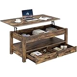 Rolanstar Couchtisch Höhenverstellbar mit 2 Schubladen & Stauraum, Leicht Anzuheben, Wohnzimmertisch mit Verstecktem Fach, Kaffeetisch für Wohnzimmer, Vintagebraun