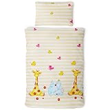 Gräfenstayn® 2-TLG. Kinderbettwäsche Set mit Tiermotiv und integriertem Reißverschluss - aus 100% Baumwolle (Renforce-Qualität) - Deckenbezug 135x100cm und Kissenbezug 60x40cm (Giraffe & Elefant)