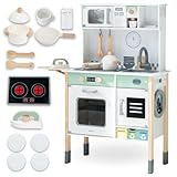 Mamabrum Holz Kinderküche mit Waschmaschine, Kreidetafel und Zubehör - Interaktive Platte und Mikrowelle Licht Sound - Höhenverstellbar Für Kinder 3+