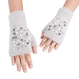 Damen-Handschuhe mit Perlen, Wollhandschuh, Winterhandschuhe, warm, modisch, halbfinger Handschuhe, grau