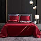 Gezu Bettbezug, Satin, 140x200 cm, Weinrot, Dunkelgrau, einfarbig, doppelseitig, mit 1 Kopfkissenbezügen, 65x65 cm, für Einzelpersonen, Bettwäsche-Set, modern, Bettwäsche mit Reißverschluss