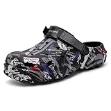 FLIOZY Herren Clogs im Tarnmuster – Leichte Wasserschuhe mit Verstellbarem Fersenriemen – Atmungsaktive Garten- und Outdoor-Gummischuhe für Strand, Pool, Garten und Sommerwanderungen Black 43